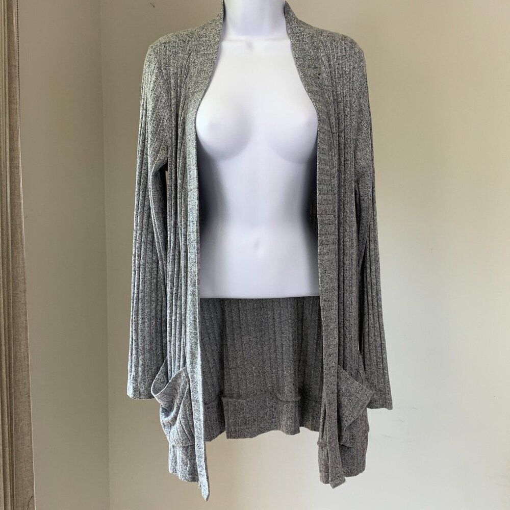 Staccato Cardigan Sweater sz L Large Open Front Gray Ribbed Lightweight Pockets